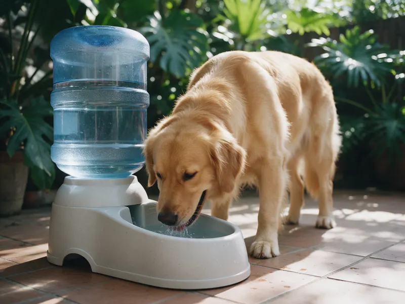 Golden retriever bebendo num bebedouro com galão de 10 litros no quintal