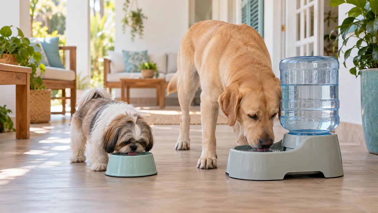 Shih Tzu e labrador, cada um no bebedouro do seu tamanho