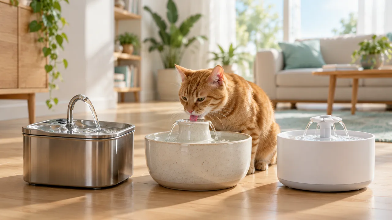 Gato laranja diante de três fontes: inox, cerâmica e sem fio