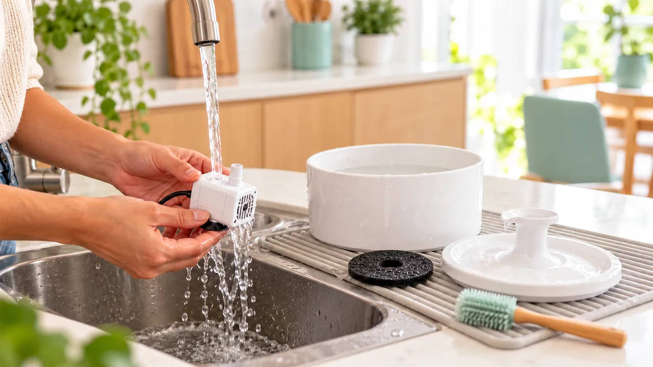 Mãos lavando a bomba de uma fonte desmontada na pia da cozinha