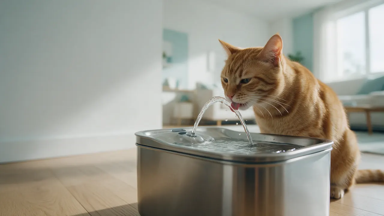 Gato laranja bebendo o fio de água de uma fonte de inox na sala
