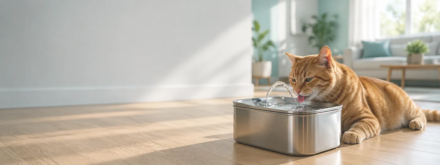 Gato laranja bebendo numa fonte de inox