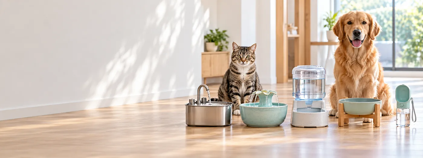 Vários tipos de bebedouro enfileirados, com um gato e um cachorro ao lado