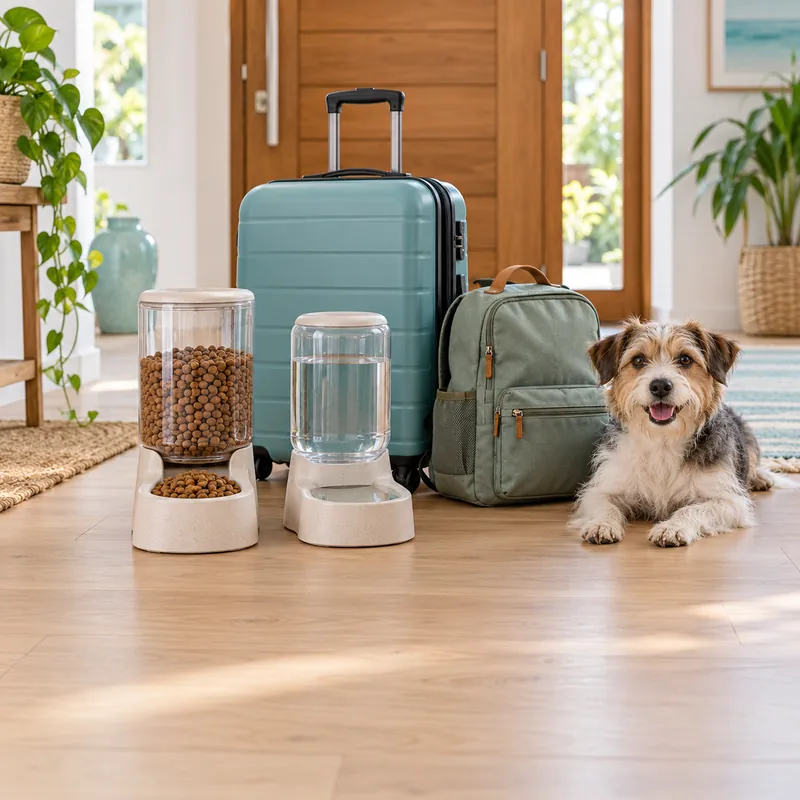 Comedouro e bebedouro automáticos ao lado de uma mala de viagem, com um cachorro deitado