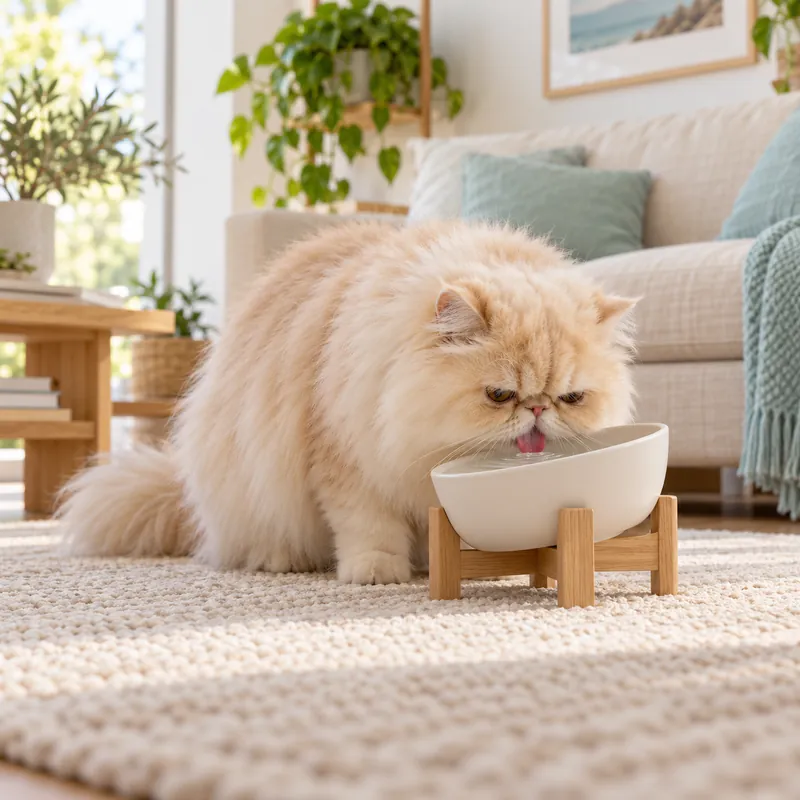 Gato persa bebendo numa tigela elevada