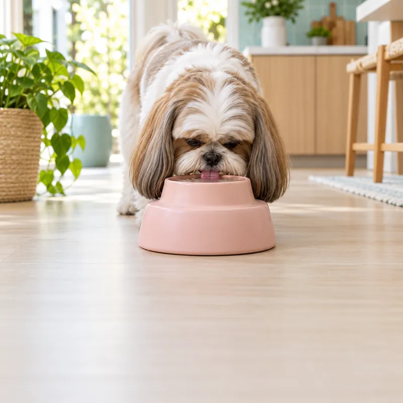 Shih Tzu bebendo num bebedouro rosa sem molhar as orelhas