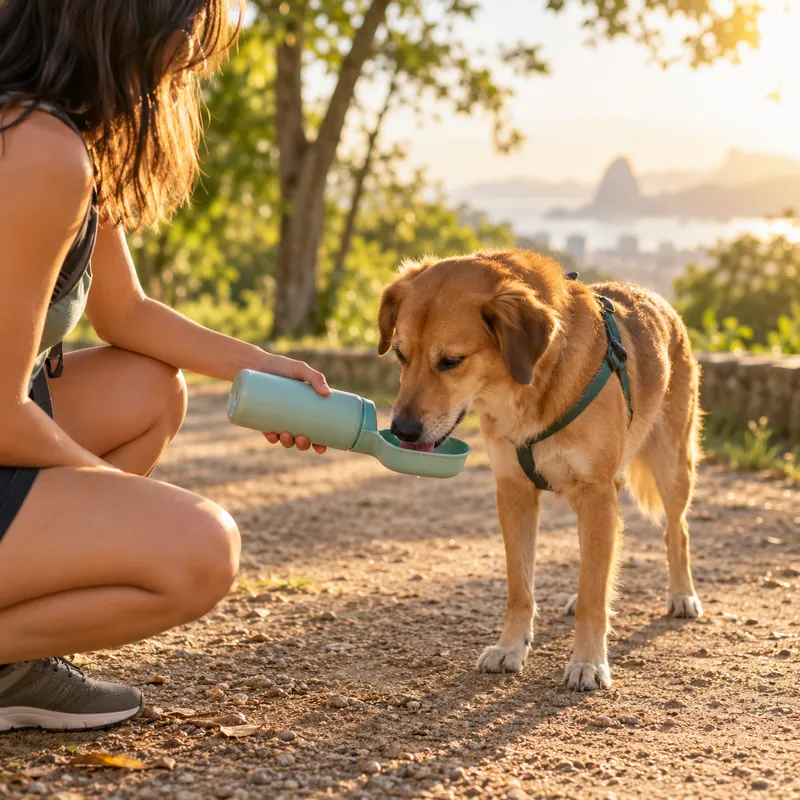 Cachorro caramelo bebendo da garrafa portátil numa trilha