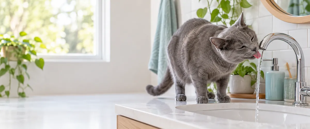 Gato cinza lambendo o filete de água da torneira do banheiro