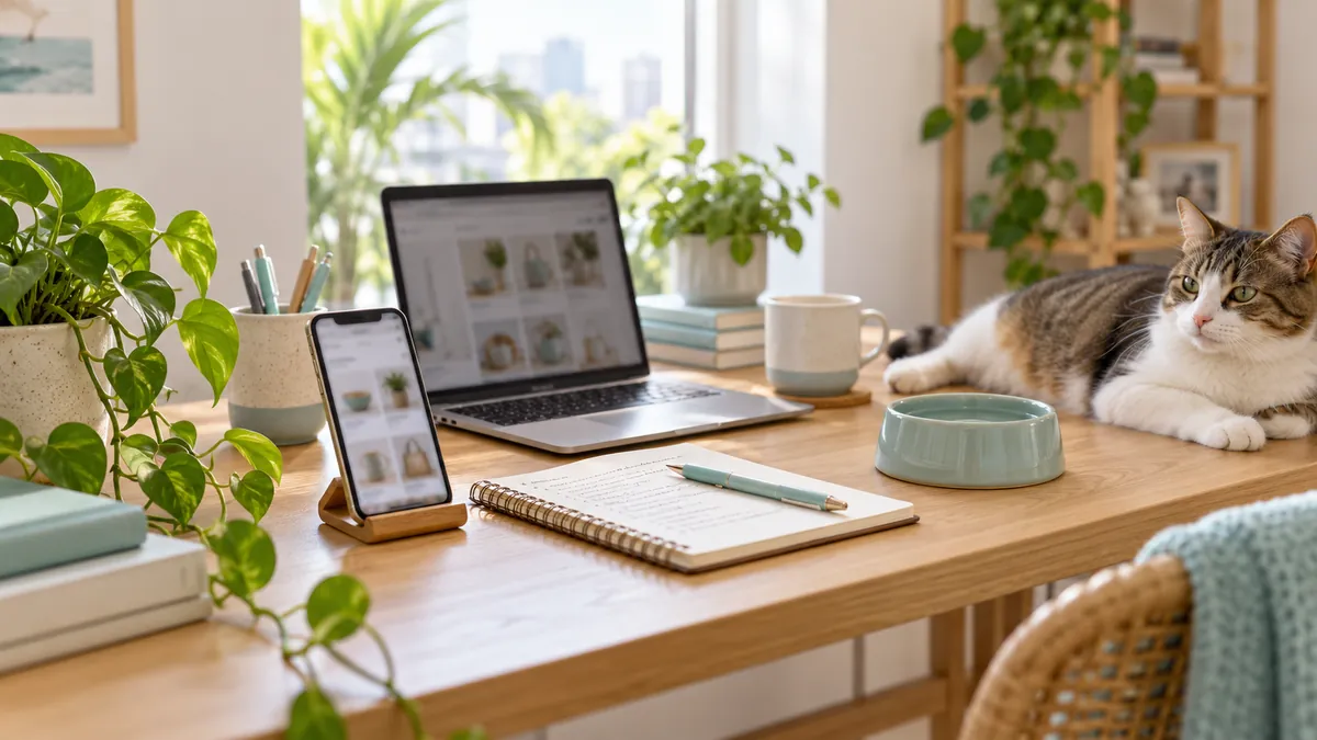 Mesa de trabalho com celular, notebook e anotações, e um gato deitado na ponta